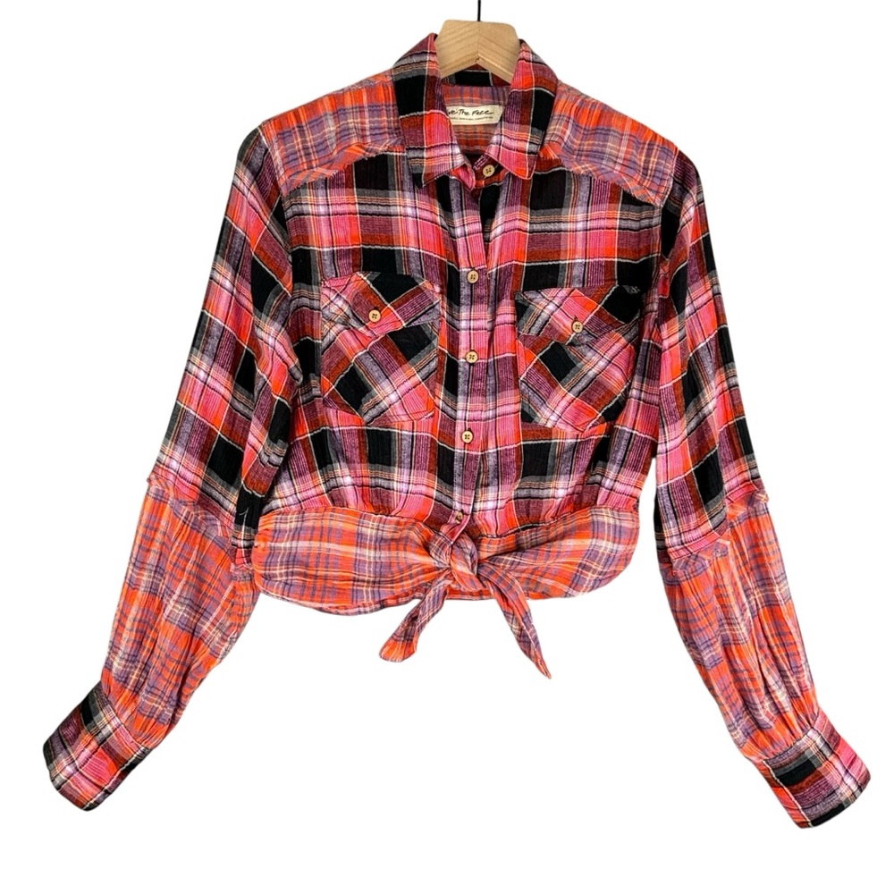 Free People We The‎ Free Top Womens XS Red First Bloom Plaid Button Front